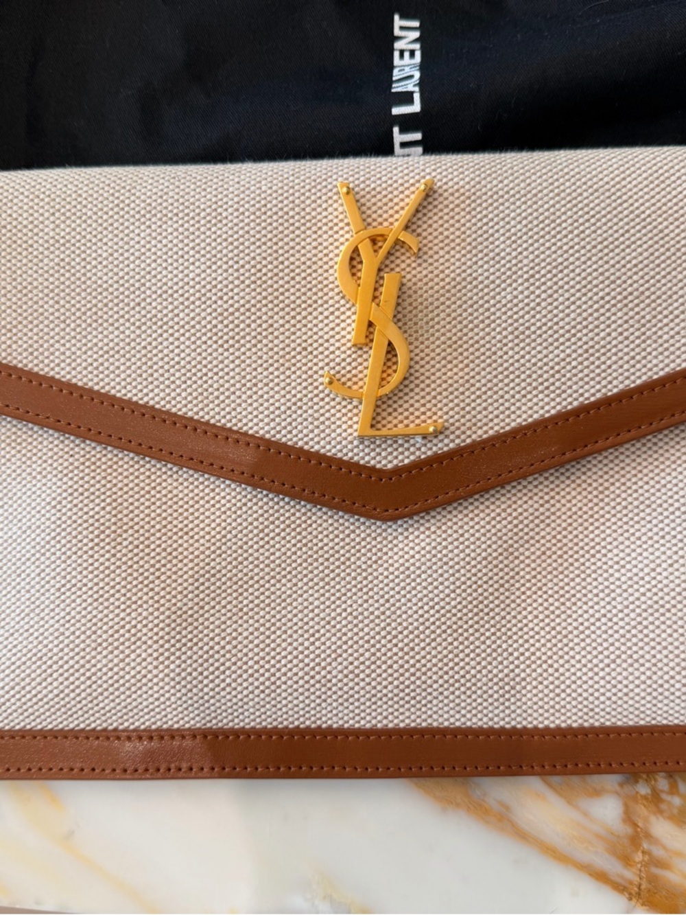 Saint Laurent Uptown Clutch Beige Canvas Tan Leather YSL $730-authentic - Picture 3 of 9